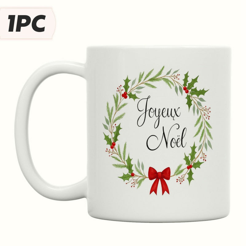 Tailorly White Ceramic 11 oz Mug - Lush Green Holly Leaves With Red Berries And Elegant Ribbon Wreath