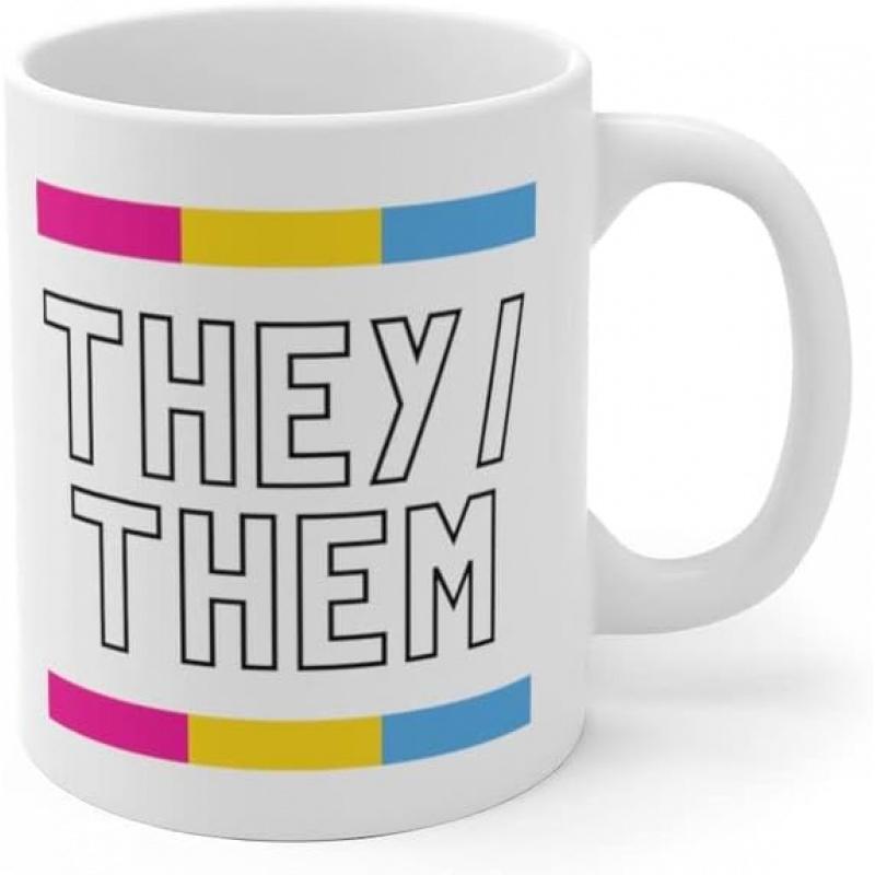 Tailorly White Ceramic 11 oz Mug - They Them Pink Yellow And Blue Stripes With Bold Outline Pronoun Text Mug