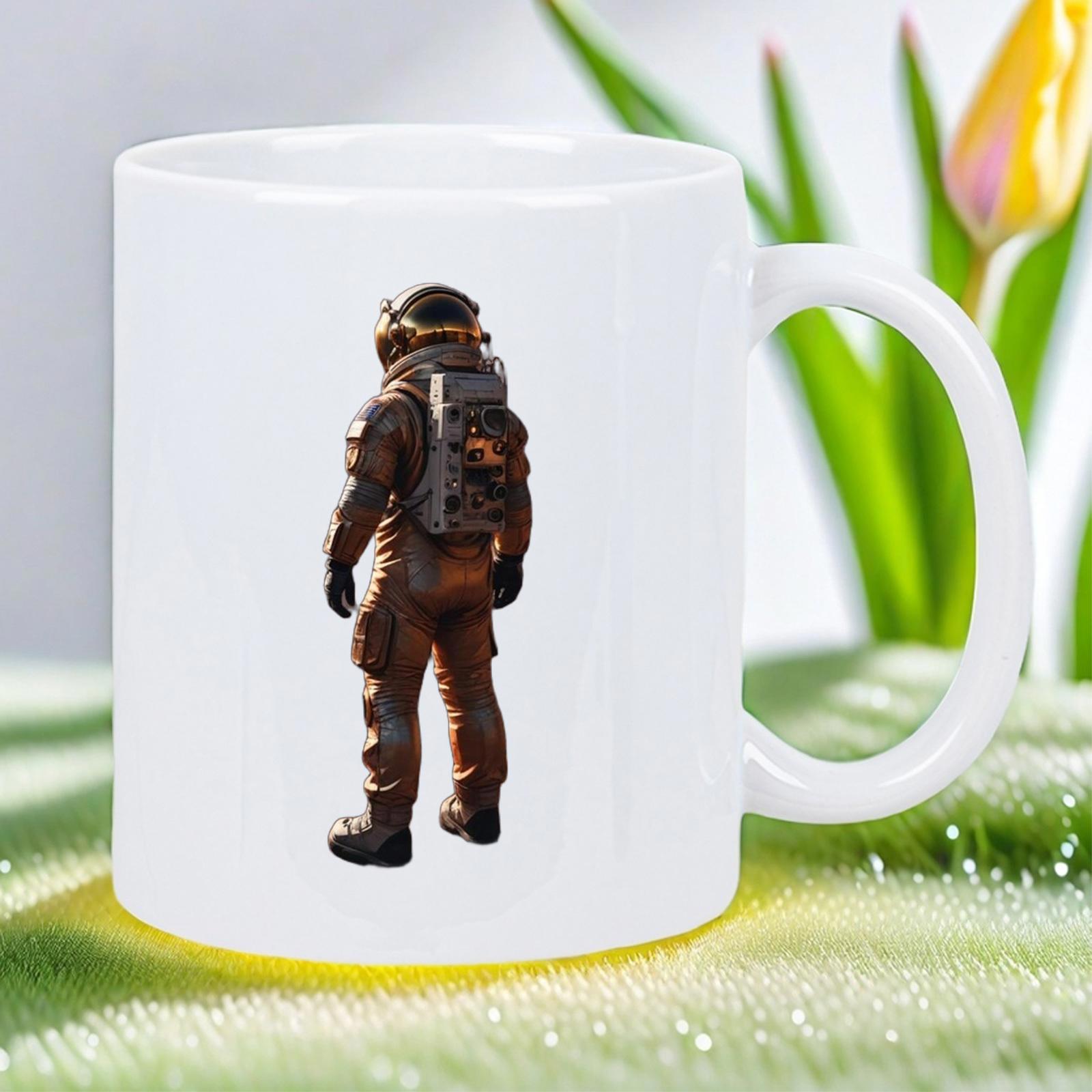 Tailorly White Ceramic 11 oz Mug - Detailed Brown Space Suit Standing Firmly On White Surface Astronaut