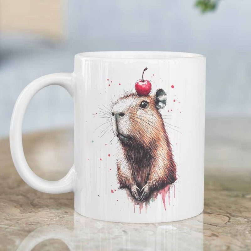 Tailorly White Ceramic 11 oz Mug - Cute Watercolor Animal Art Featuring A Tiny Red Cherry On Top Capybara