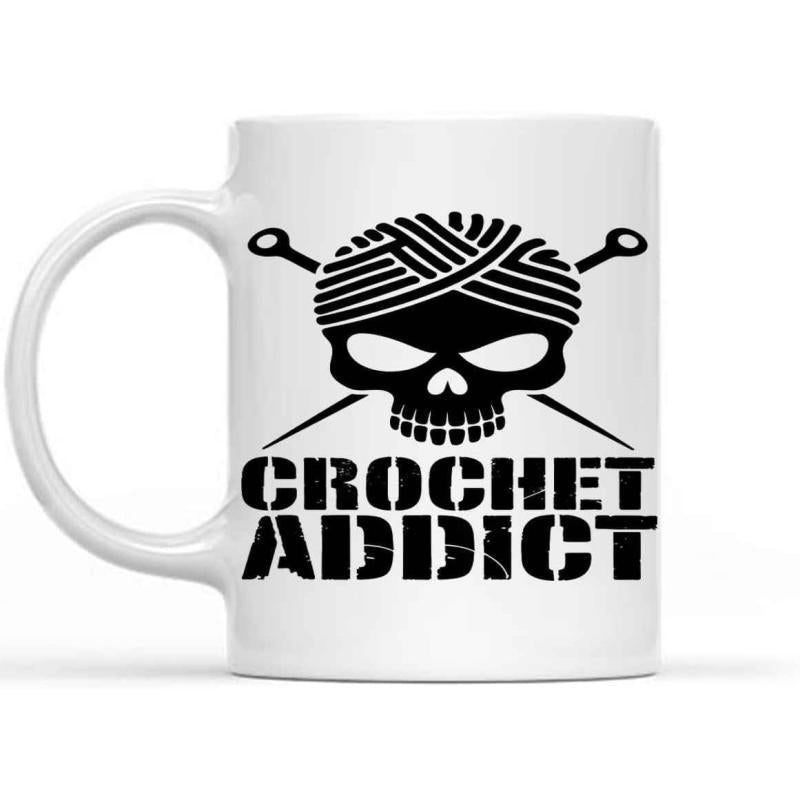Tailorly White Ceramic 11 oz Mug - Crochet Addict Gritty Black Yarn Ball Graphic With Crossed Crochet Hooks Intricate Skull