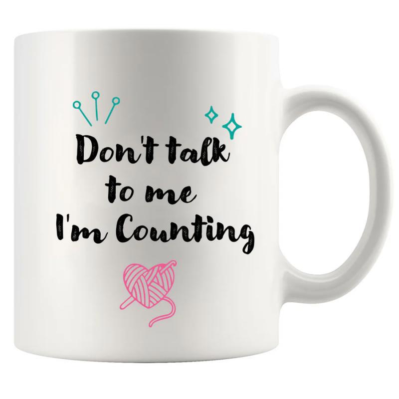 Tailorly White Ceramic 11 oz Mug - Don't Talk To Me I'm Counting Soft Pink Heart Shaped Yarn Ball Under Delicate Knitting Needles Sparkle Mug