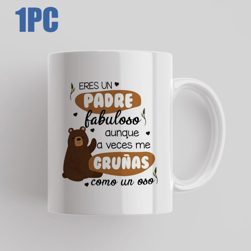Tailorly White Ceramic 11 oz Mug - Adorable Brown Bear Sitting Surrounded By Tiny Hearts And Decorative Foliage Bear