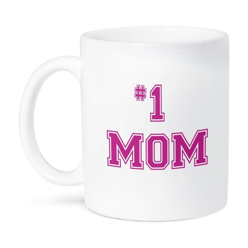 Tailorly White Ceramic 11 oz Mug - Number 1 Mom Pink Varsity Style Letters On A Clean White Background Sign