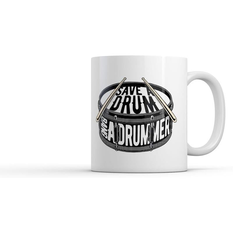 Tailorly White Ceramic 11 oz Mug - Save A Drum Bang A Drummer Professional Musical Instrument With Crossed Wooden Sticks Over A Metallic Snare Drum