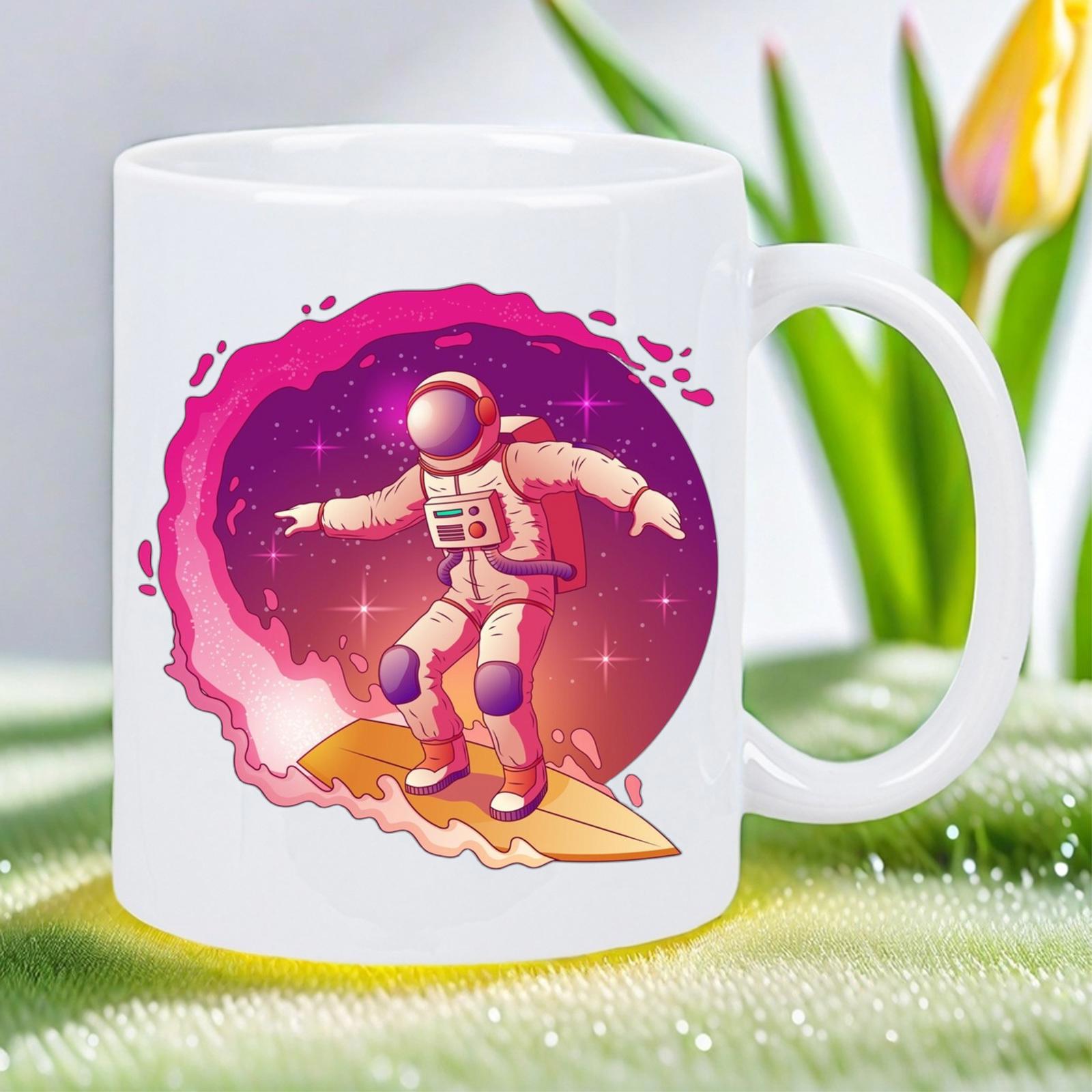 Tailorly White Ceramic 11 oz Mug - Space Surfer Riding Waves Among Glowing Purple Nebula Stars Astronaut