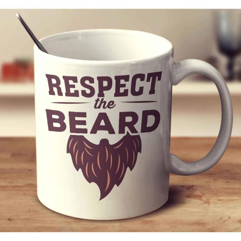Tailorly White Ceramic 11 oz Mug - Respect The Beard Stylized Dark Brown Rugged Thick Masculine Shaped Pointed Large Groomed Beard