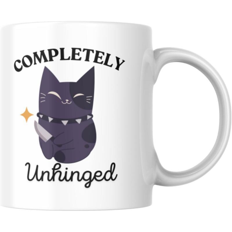 Tailorly White Ceramic 11 oz Mug - Completely Unhinged Dark Stylized Feline Holding Sharp Kitchen Knife In Paws Cat