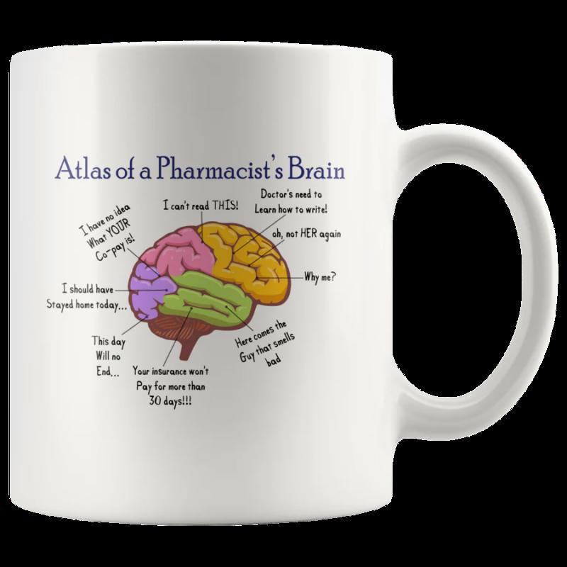 Tailorly White Ceramic 11 oz Mug - Atlas Of A Pharmacist's Brain Colorful Anatomical Drawing Featuring Playful Handwritten Notes Among Humor Quotes Brain