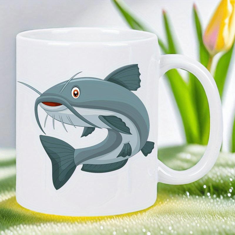 Tailorly White Ceramic 11 oz Mug - Playful Cartoon Style Jumping Upward With Long Whiskers And Gray Fins Catfish