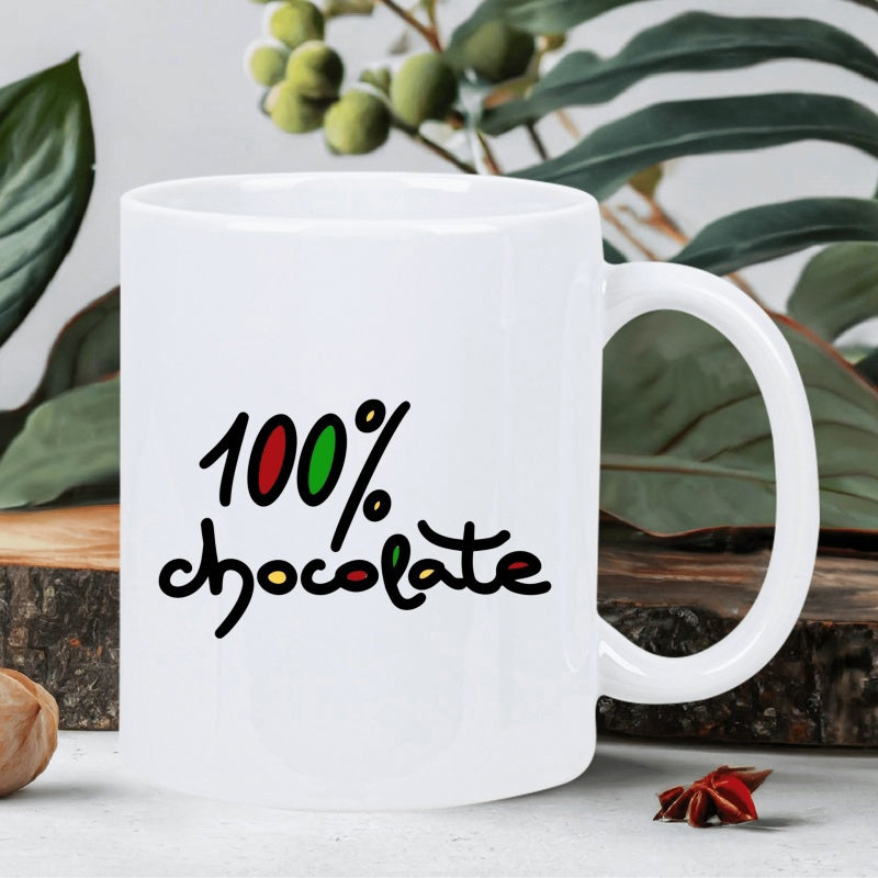 Tailorly White Ceramic 11 oz Mug - 100% Chocolate Elegant Handwritten Style Typography Printed On A Simple