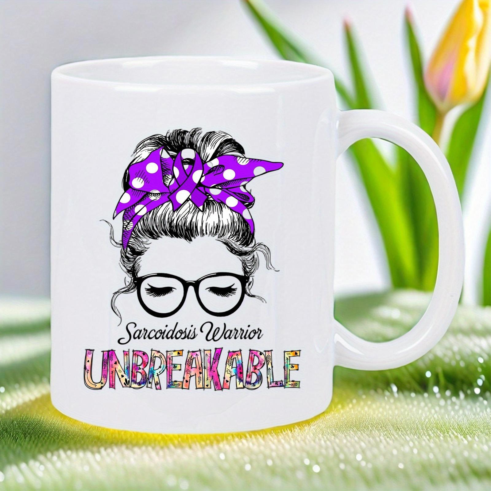 Tailorly White Ceramic 11 oz Mug - Sarcoidosis Warrior Unbreakable Messy Bun With Purple Polka Dot Bow Wearing Glasses Girl
