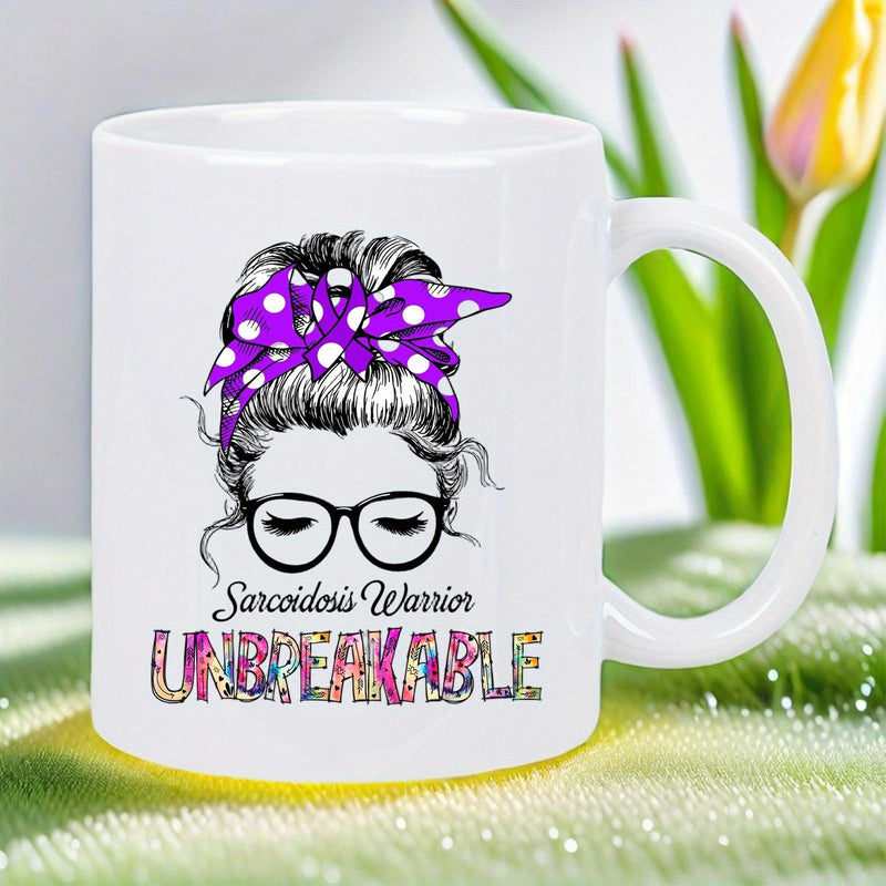 Tailorly White Ceramic 11 oz Mug - Sarcoidosis Warrior Unbreakable Messy Bun With Purple Polka Dot Bow Wearing Glasses Girl