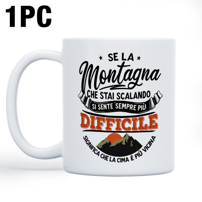 Tailorly White Ceramic 11 oz Mug - Rugged Silhouetted Peaks Under Warm Sun With Bold Decorative Text Elements Mountain
