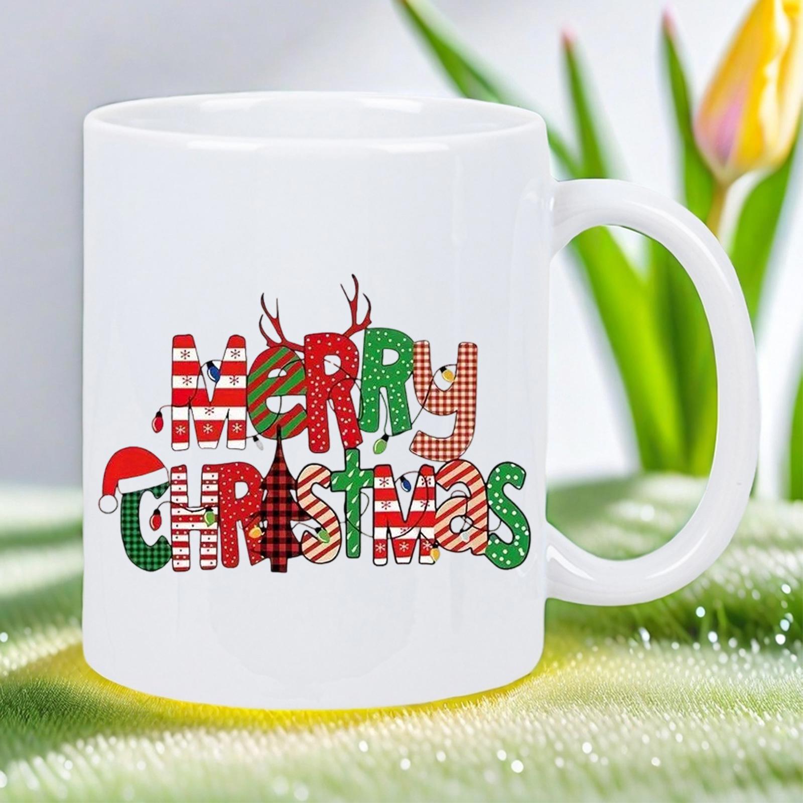 Tailorly White Ceramic 11 oz Mug - Merry Christmas Vibrant Patterned Letters With Reindeer Antlers And Santa Hat Decor Mug