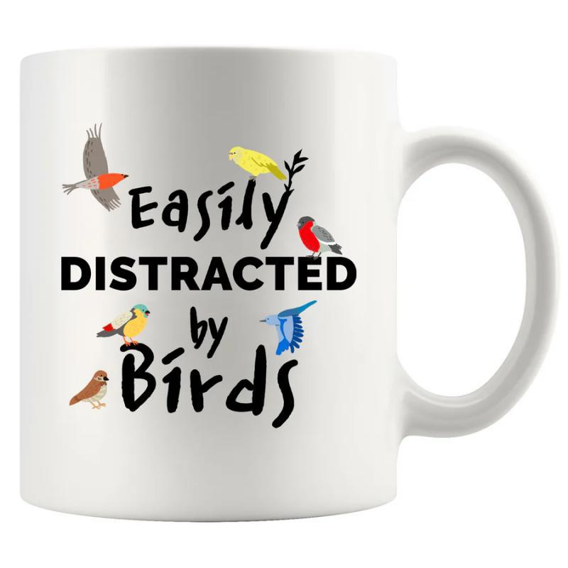 Tailorly White Ceramic 11 oz Mug - Easily Distracted By Birds Colorful Wild Nature Songbirds Perching And Flying In Air Birds