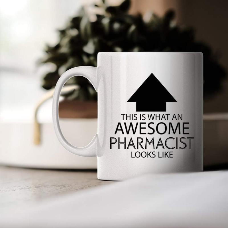 Tailorly White Ceramic 11 oz Mug - This Is What An Awesome Pharmacist Looks Like Bold Solid Black Silhouette Pointing Upwards With Simple Geometric Minimalist