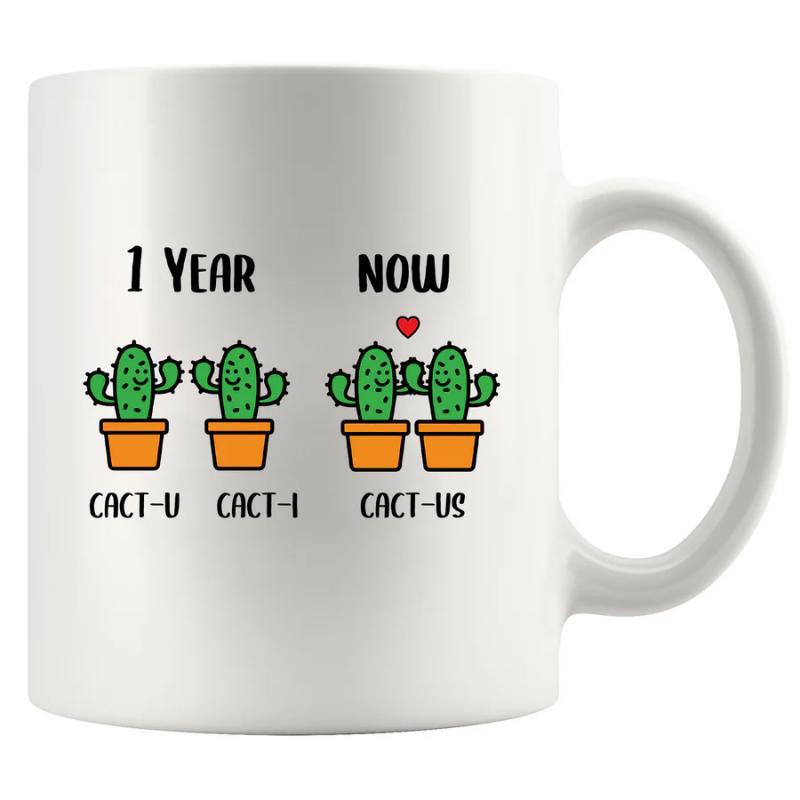 Tailorly White Ceramic 11 oz Mug - 1 Year Now Cact U Cact I Cact Us Cute Cartoon Potted Plants With Tiny Heart Symbols Representing Growing Love Cactus