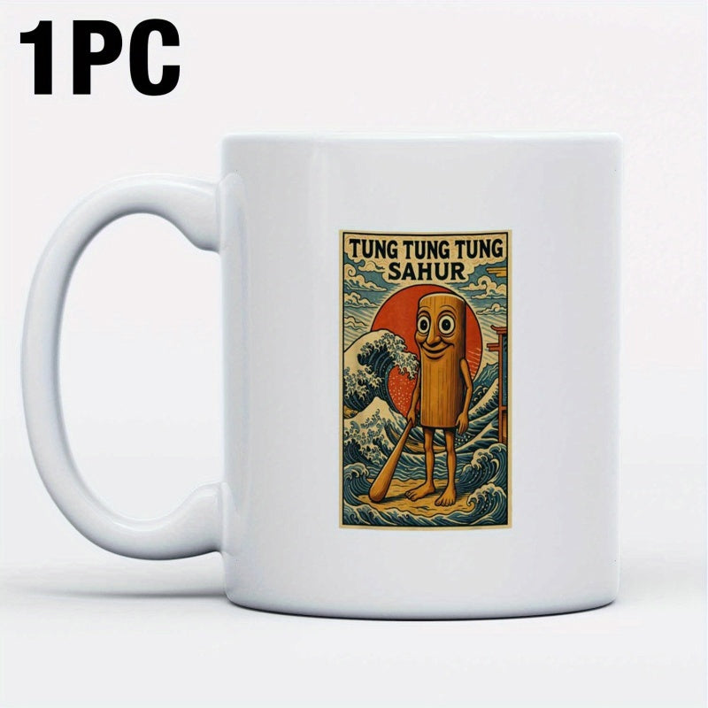 Tailorly White Ceramic 11 oz Mug - Whimsical Wooden Percussion Character Standing Among Dramatic Crashing Blue Ocean Waves Illustration