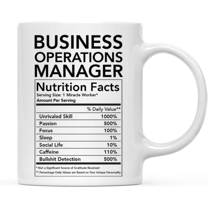 Tailorly White Ceramic 11 oz Mug - Business Operations Manager Nutrition Facts Minimalist Black Text Layout On Clean White Surface Mug
