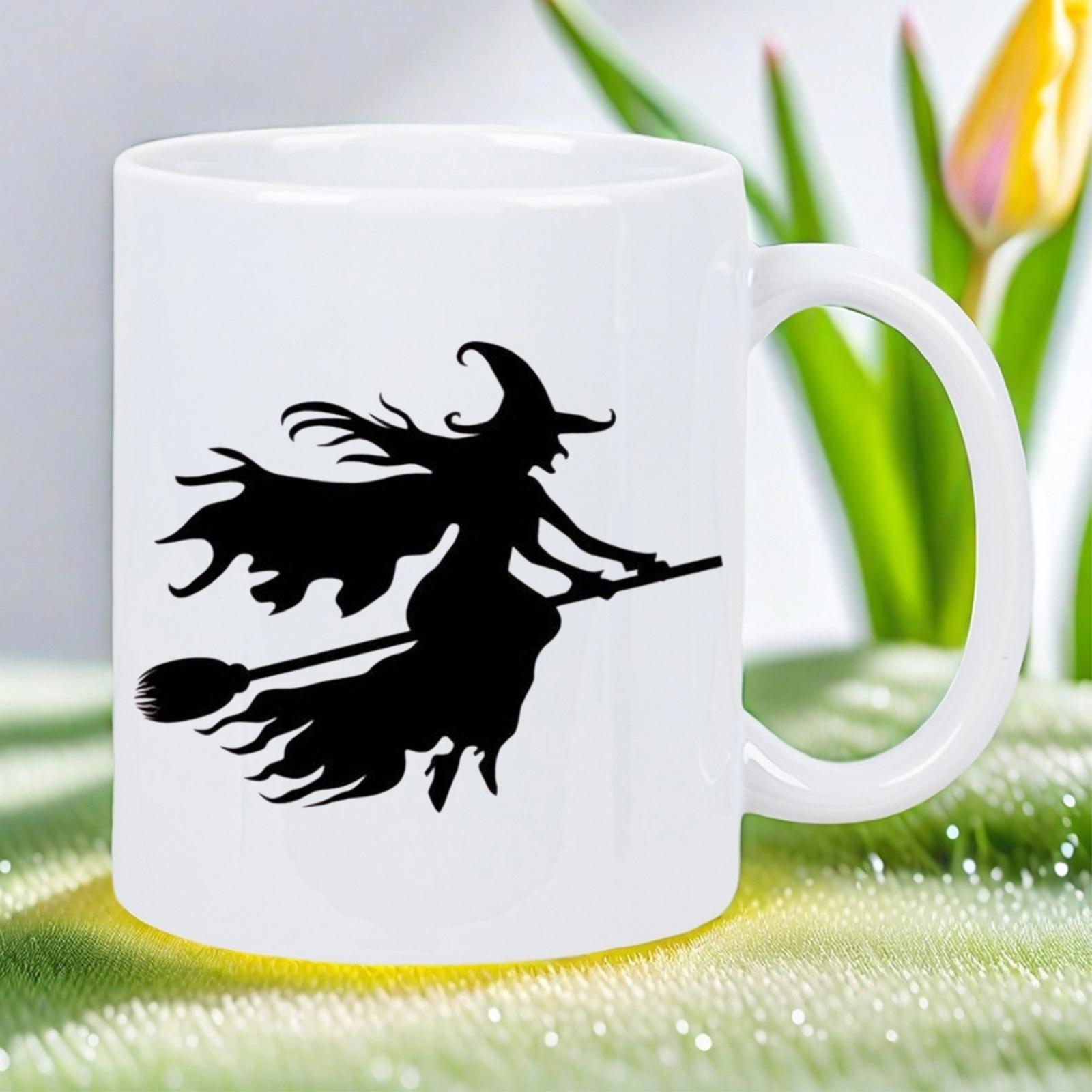 Tailorly White Ceramic 11 oz Mug - Mystical Silhouette Flying Across Moonlight Night With Tattered Robes On Broomstick Witch