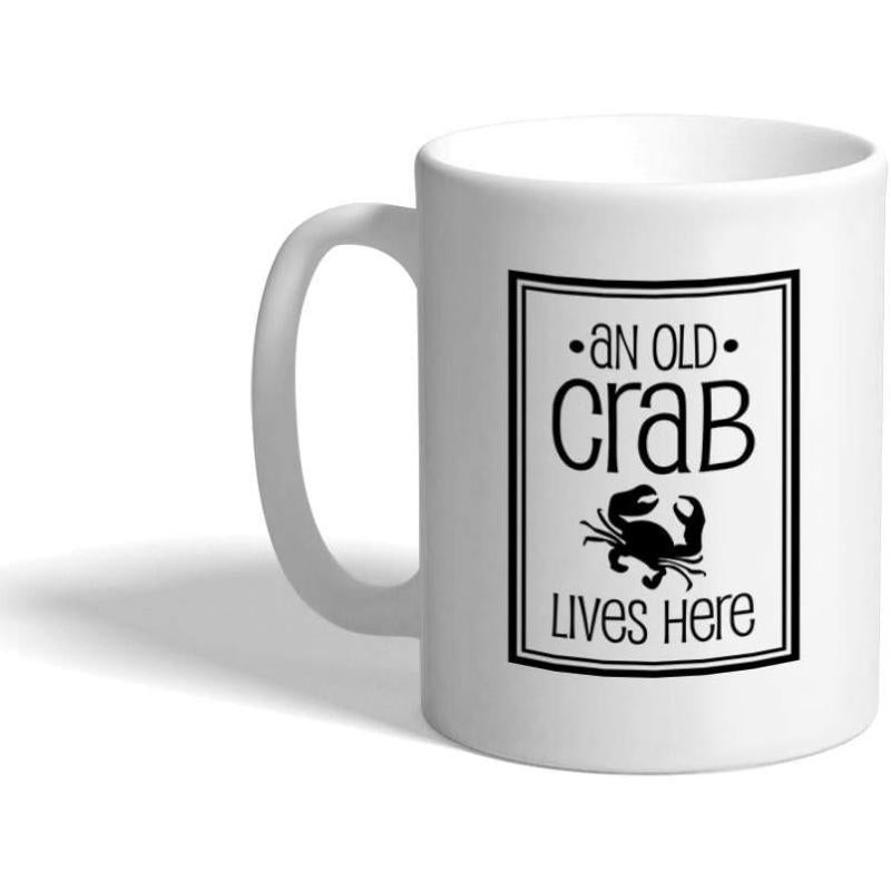 Tailorly White Ceramic 11 oz Mug - An Old Crab Lives Here Stylized Sea Creature Centered Within A Minimalist Bold Rectangular Border Line Crab