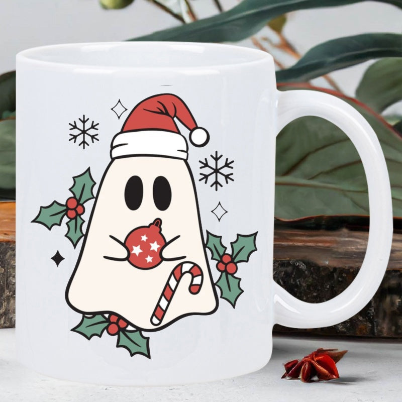 Tailorly White Ceramic 11 oz Mug - Cartoon Winter Ghost Wearing Santa Hat Holding Starred Red Ornament Ghost