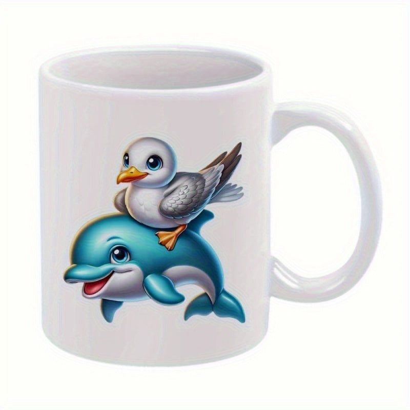 Tailorly White Ceramic 11 oz Mug - Cheerful Blue Cartoon Dolphin Carrying A Small Friendly Grey Seagull Dolphin