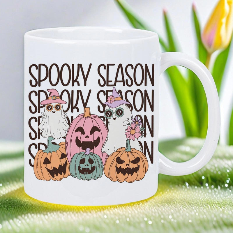 Tailorly White Ceramic 11 oz Mug - Spooky Season Hand Drawn Halloween Ghosts Wearing Hats Standing Among Colorful Carved Autumn Pumpkin
