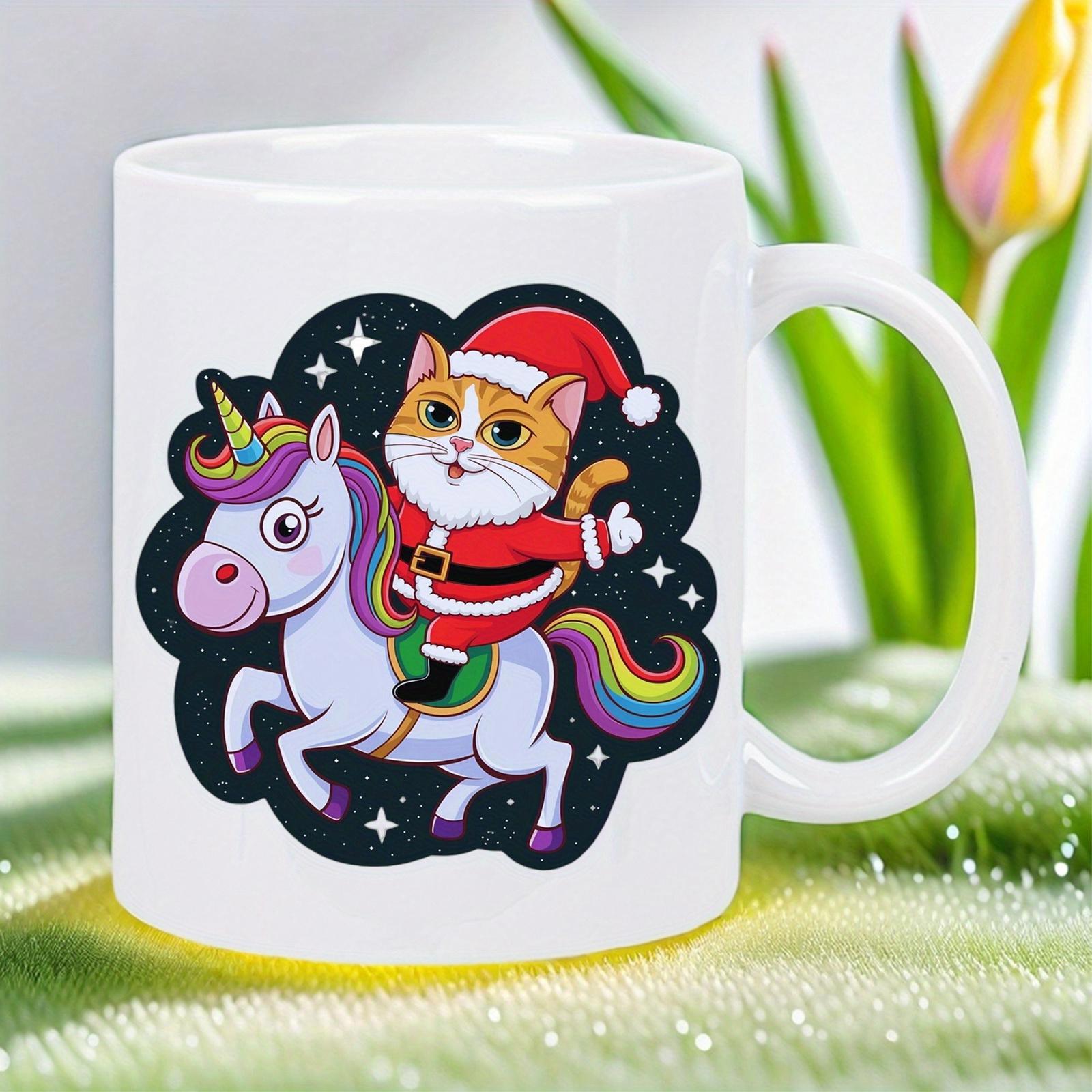 Tailorly White Ceramic 11 oz Mug - Whimsical Festive Ginger Santa Cat Riding A Magical Rainbow Tail Unicorn