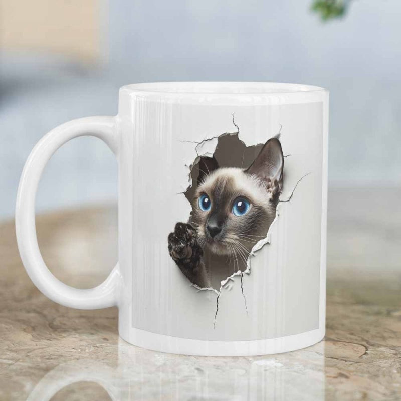 Tailorly White Ceramic 11 oz Mug - Realistic Blue Eyed Siamese Pet Peeking Through A Broken Wall Cat