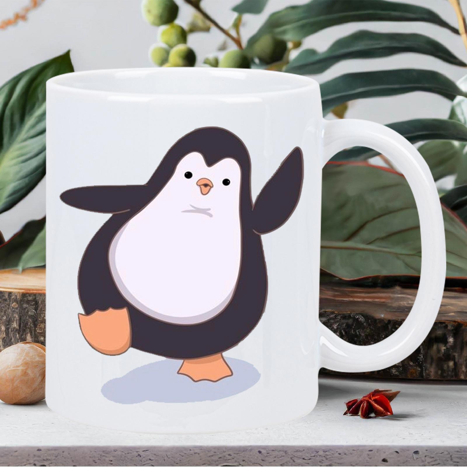 Tailorly White Ceramic 11 oz Mug - Adorable Chubby Cartoon Bird Waving Wing Standing On Ice Penguin