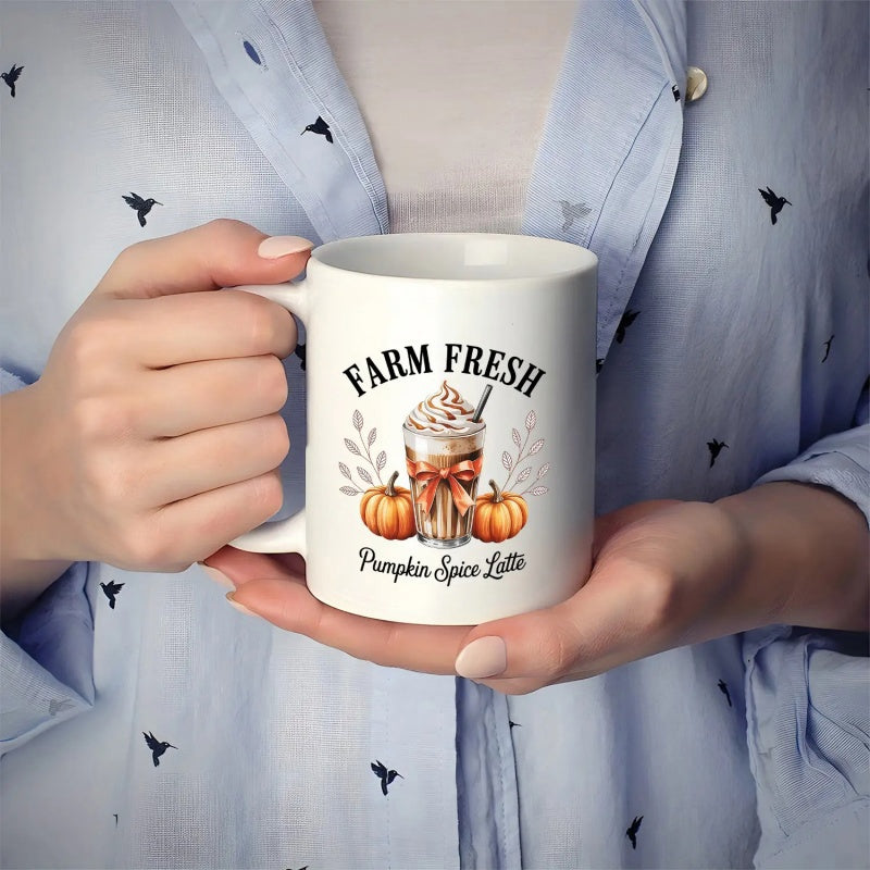 Tailorly White Ceramic 11 oz Mug - Farm Fresh Pumpkin Spice Latte Delicious Autumn Drink With Whipped Cream Resting Between Vibrant Harvest Pumpkins Latte