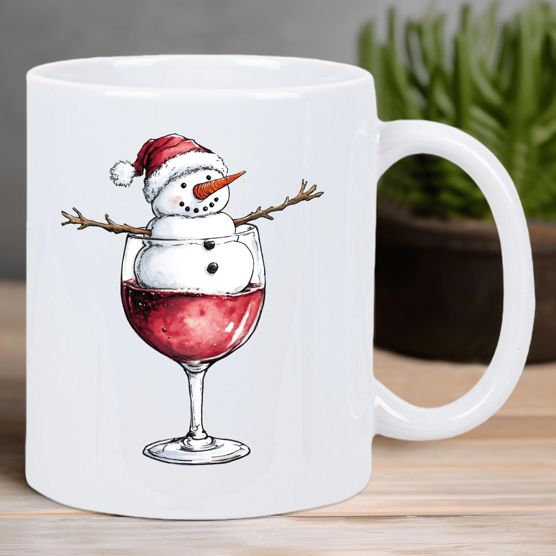 Tailorly White Ceramic 11 oz Mug - Festive Little Snowman Relaxing Inside A Tall Elegant Red Wine Glass Snowman