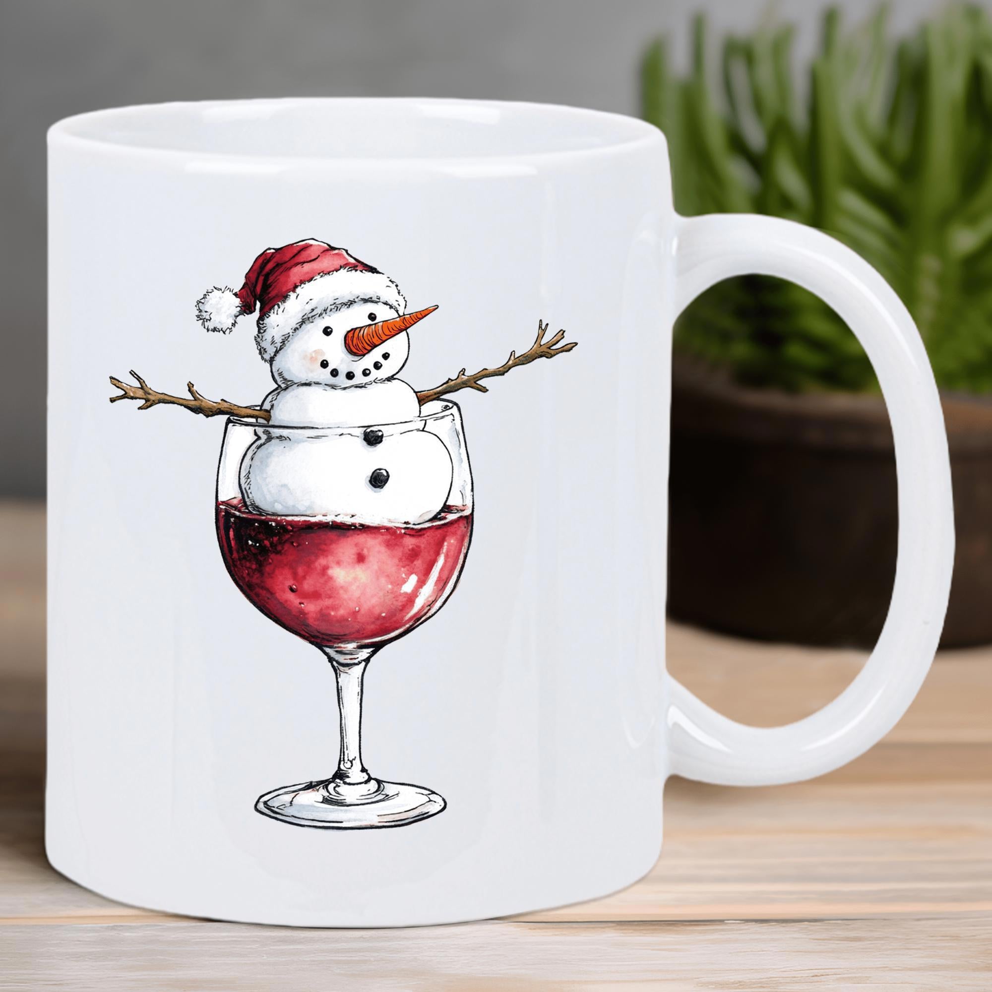 Tailorly White Ceramic 11 oz Mug - Festive Little Snowman Relaxing Inside A Tall Elegant Red Wine Glass Snowman