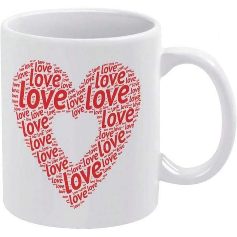 Tailorly White Ceramic 11 oz Mug - Love Red Typographic Word Cloud Forming A Romantic Hollowed Shape Among White Porcelain Heart