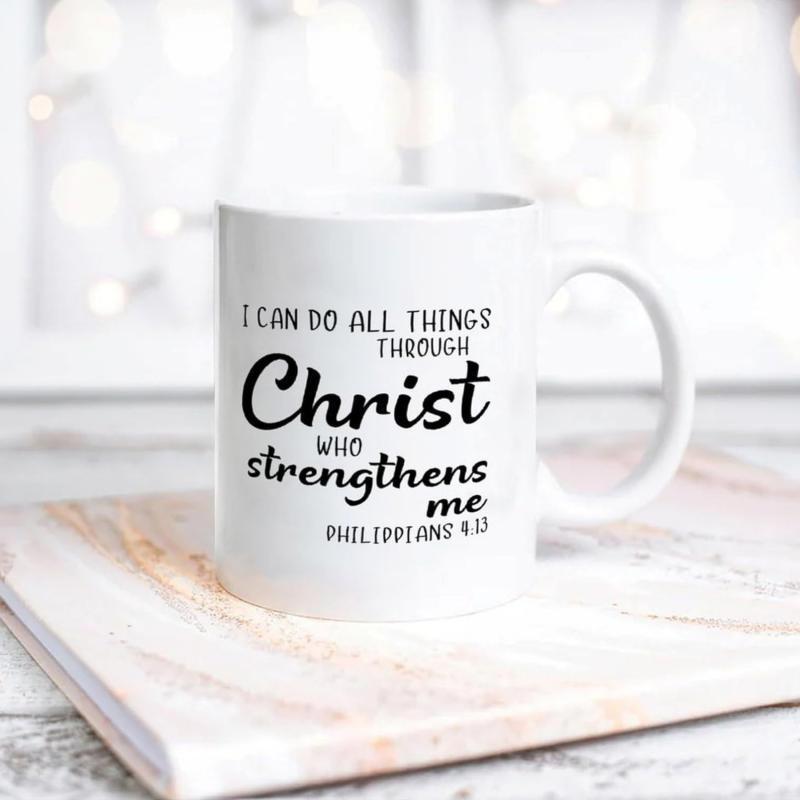 Tailorly White Ceramic 11 oz Mug - I Can Do All Things Through Christ Who Strengthens Me Minimalist Black Inspirational Scripture Calligraphy On Smooth White