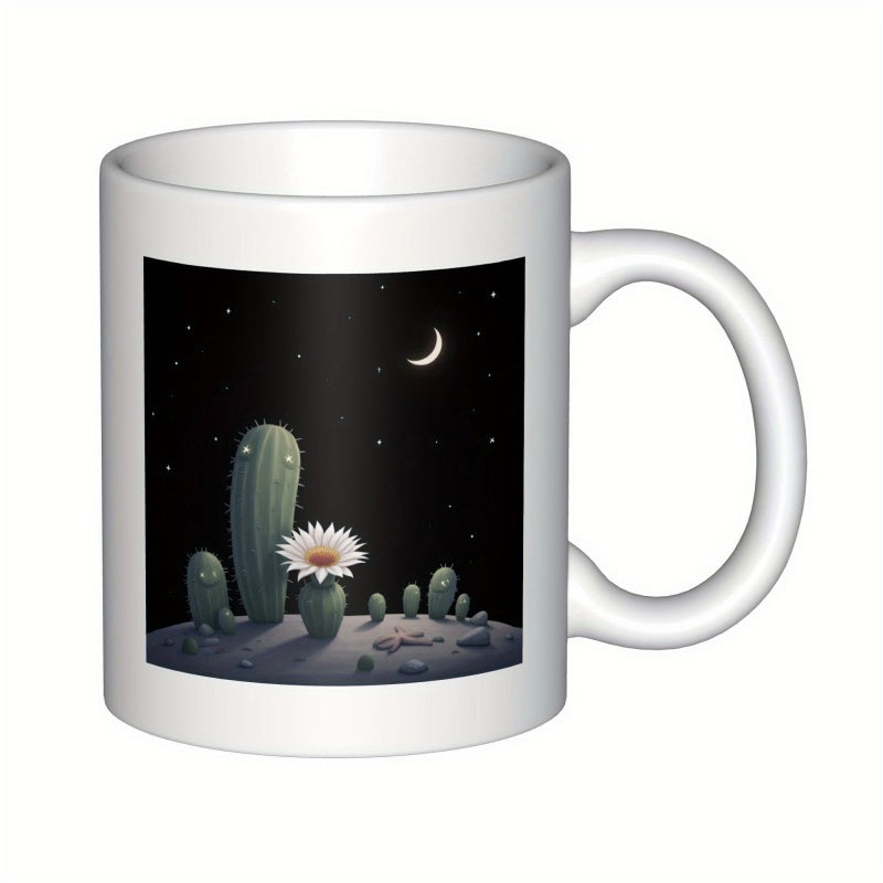 Tailorly White Ceramic 11 oz Mug - Desert Landscape At Night Under Shining Crescent Moon With Flowering Cactus