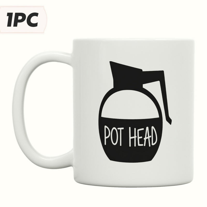 Tailorly White Ceramic 11 oz Mug - Pot Head Simple Black Silhouette Of A Vintage Style Coffee Carafe Pot