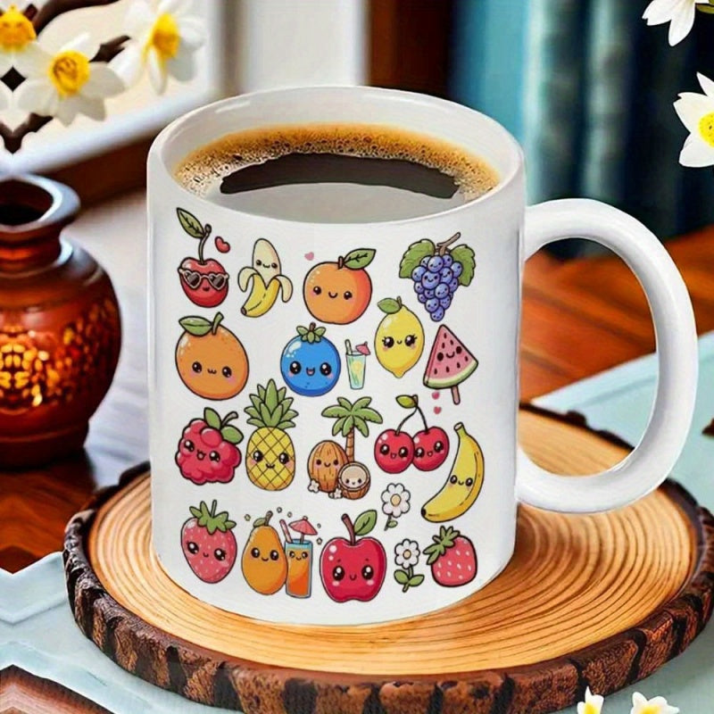 Tailorly White Ceramic 11 oz Mug - Colorful Sweet Assorted Cartoon Characters With Smiling Faces And Vibrant Colors Fruit