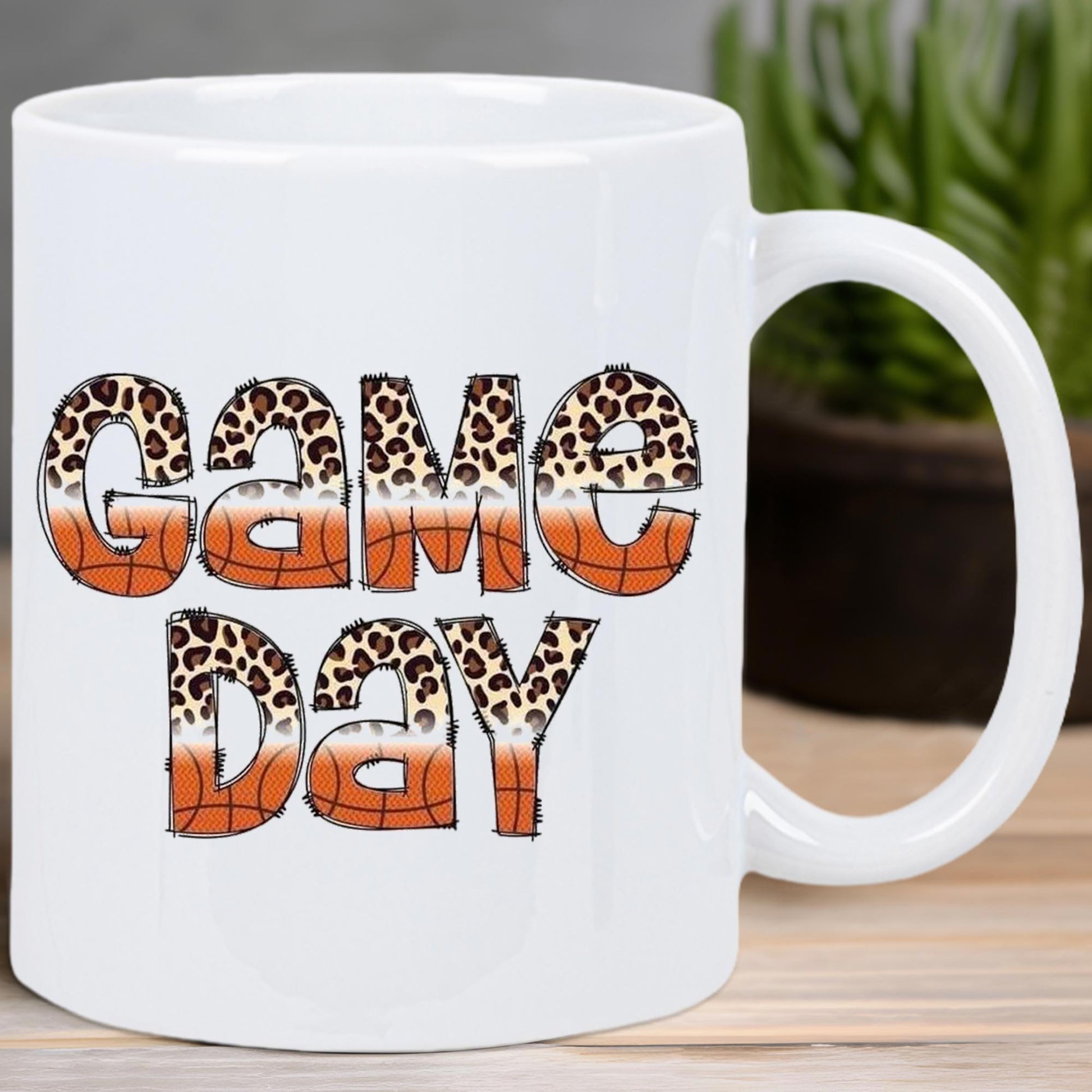 Tailorly White Ceramic 11 oz Mug - Game Day Bold Leopard Pattern And Basketball Texture On Smooth