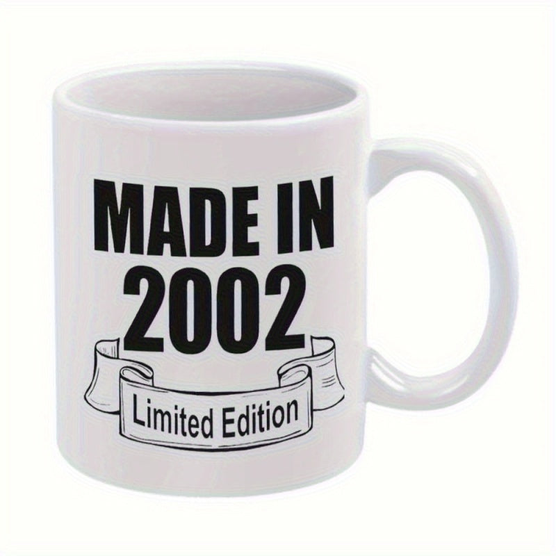 Tailorly White Ceramic 11 oz Mug - Made In 2002 Limited Edition Classic Ornamental Scroll Featuring Bold Numerical Print For Birthday Celebration Banner