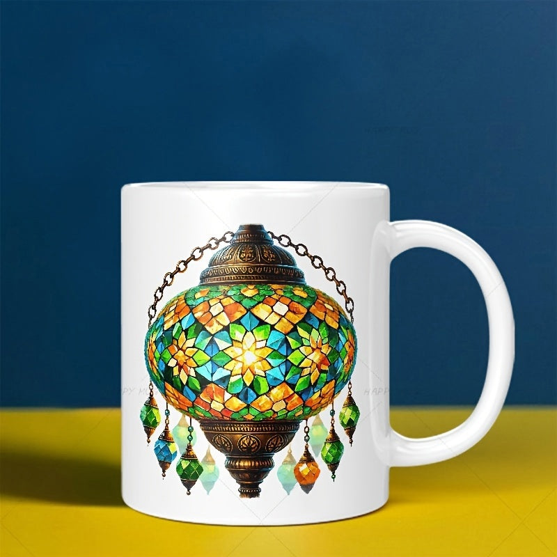 Tailorly White Ceramic 11 oz Mug - Intricate Mosaic Pattern With Vibrant Green And Yellow Glass Hanging Lantern