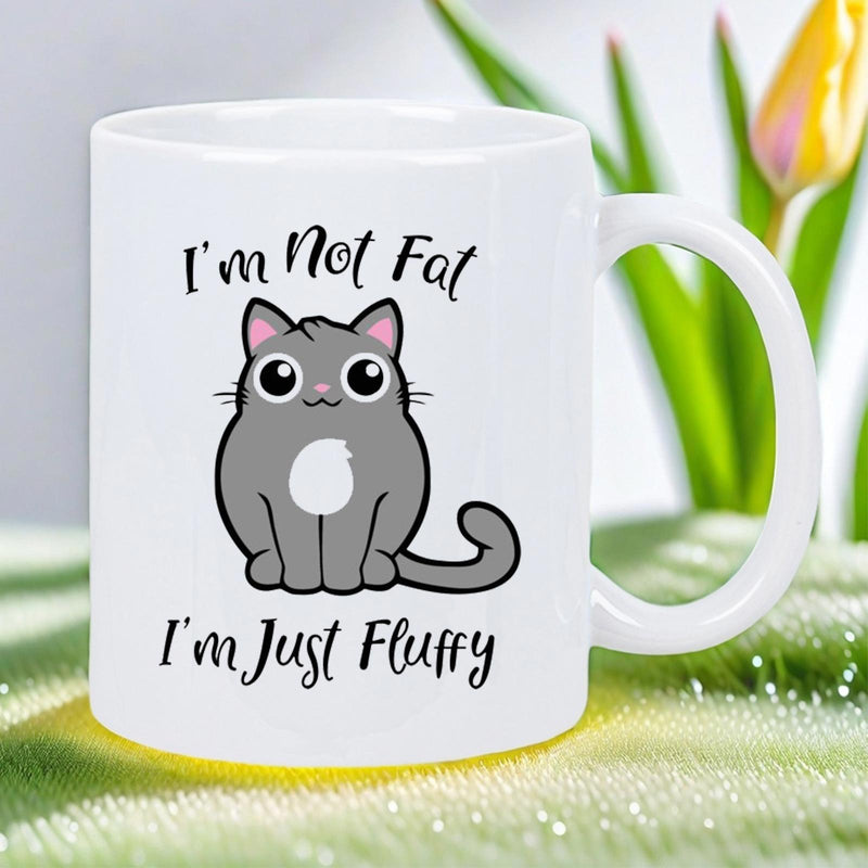 Tailorly White Ceramic 11 oz Mug - Im Not Fat Im Just Fluffy Adorable Grey Round Feline With Large Expressive Eyes Cat