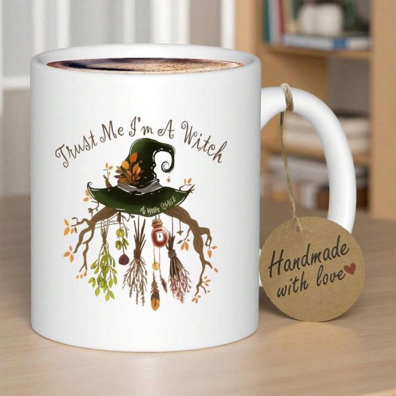 Tailorly White Ceramic 11 oz Mug - Trust Me Im A Witch Enchanting Forest Herbs Hanging From A Rustic Mossy Wood Hat