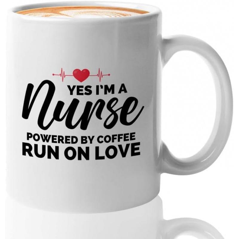 Tailorly White Ceramic 11 oz Mug - Yes I'm A Nurse Powered By Coffee Run On Love Small Red Heart Featuring Minimalist Pulse Line Graphic Among Clean White