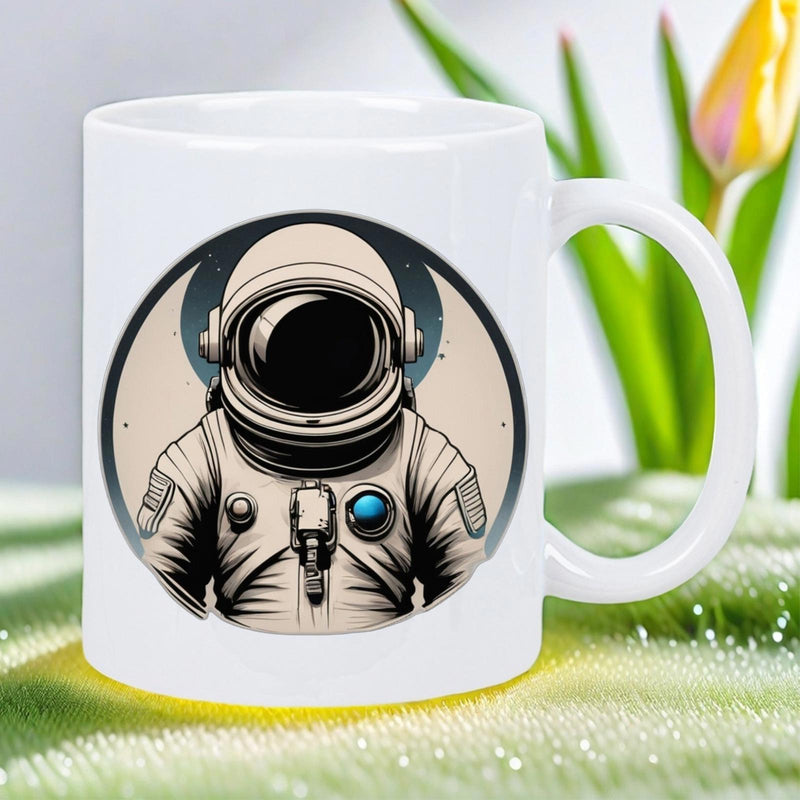 Tailorly White Ceramic 11 oz Mug - Detailed Celestial Space Traveler Wearing Vintage Suit Within Circular Emblem Astronaut