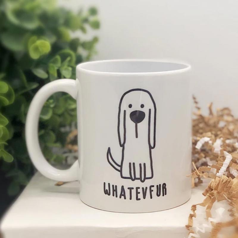 Tailorly White Ceramic 11 oz Mug - Whatevfur Simple Minimalist Black Line Drawing Of A Sitting Loyal Pet Dog