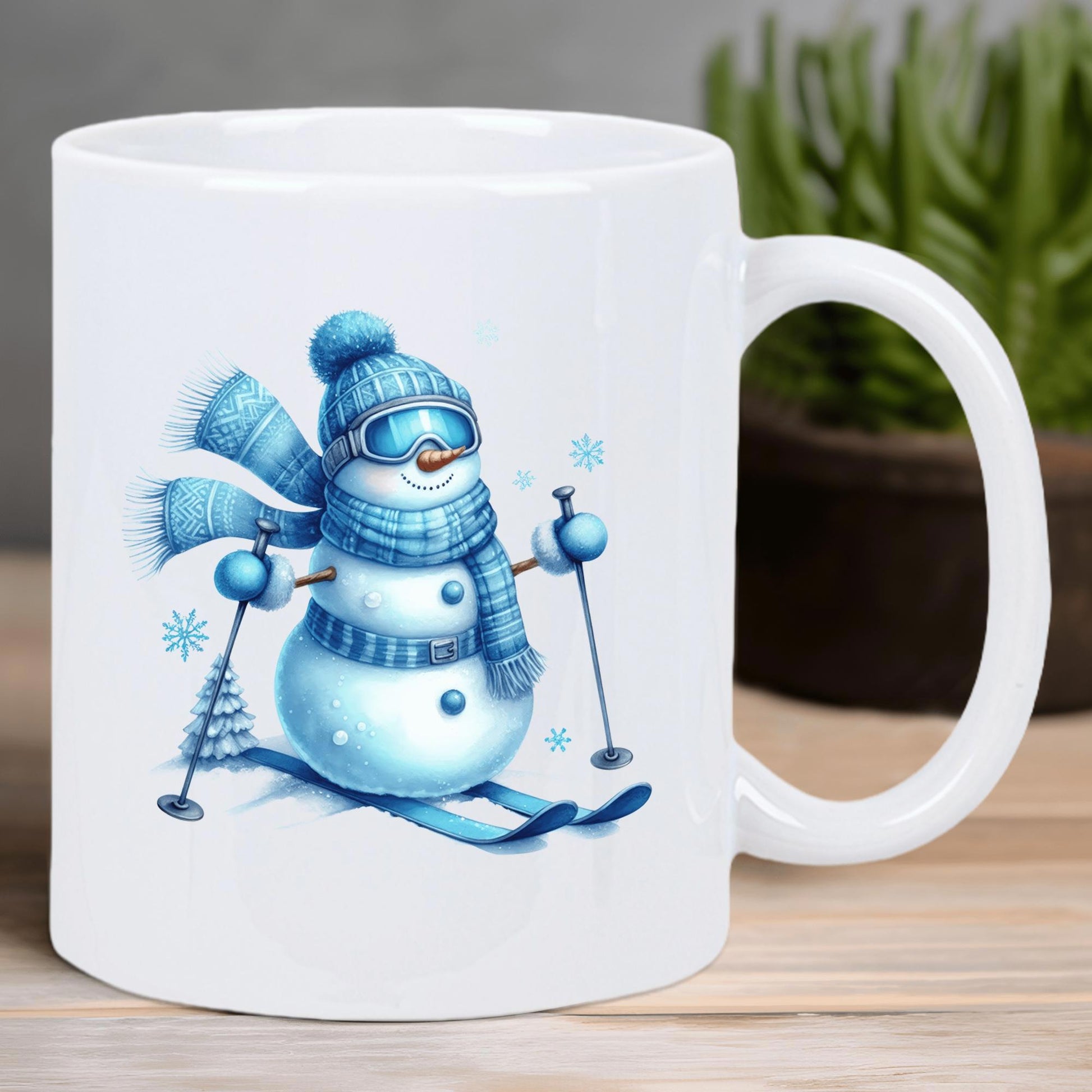 Tailorly White Ceramic 11 oz Mug - Charming Winter Character Gliding Down Snowy Hill With Blue Scarf Snowman