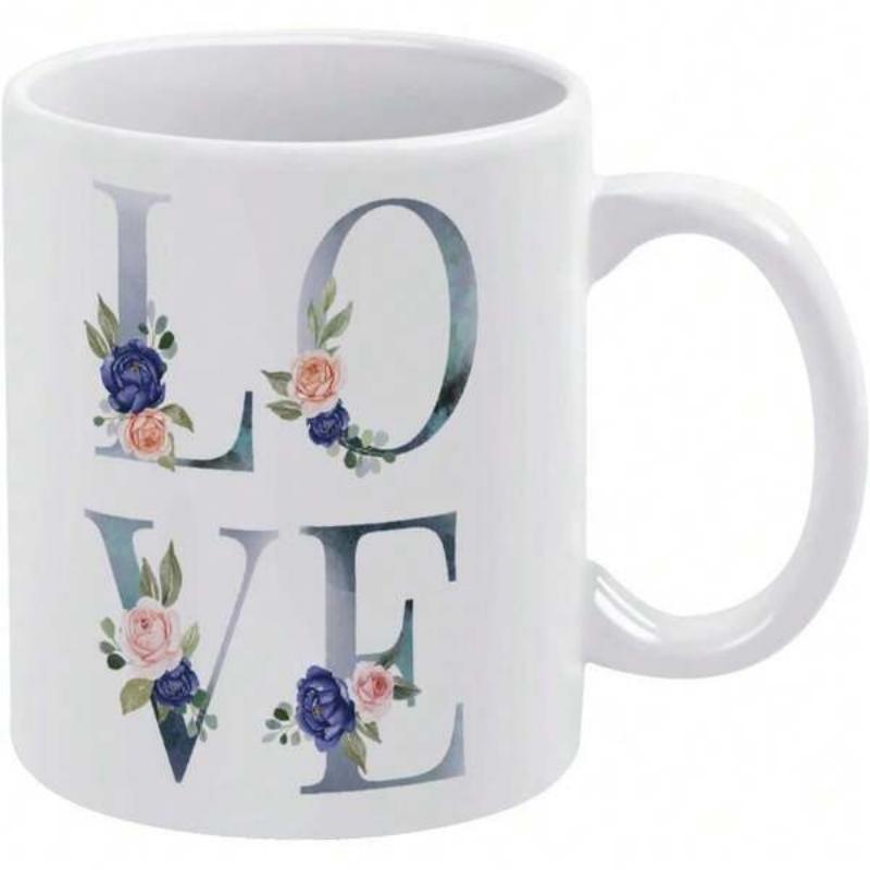 Tailorly White Ceramic 11 oz Mug - Love Elegant Floral Accents With Soft Pink And Blue Blossoms Typography